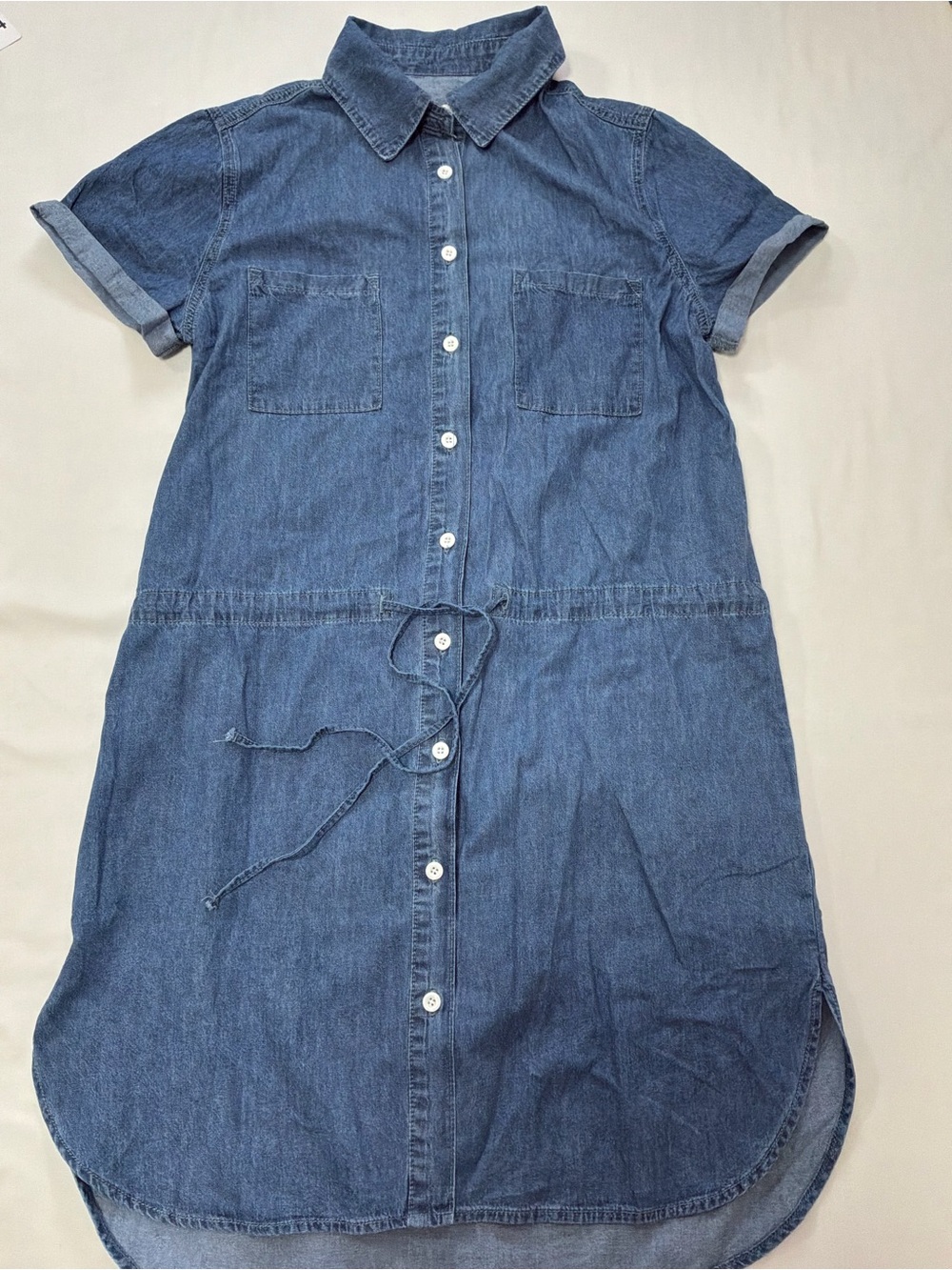 Classic Blue Denim Midi Shirt Dress with Drawstring Waist